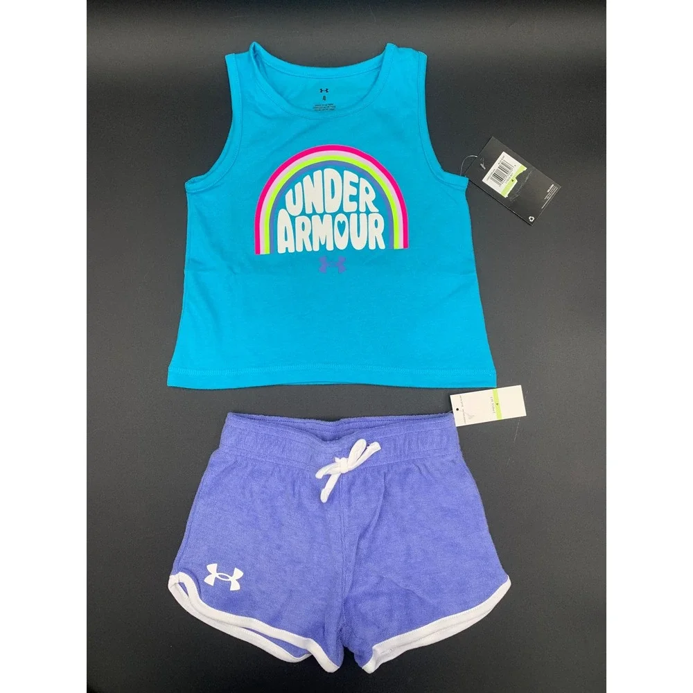 Under Armour Girls 2 Piece Set Rainbow Tank Top and Terry Shorts Blue Purple 4